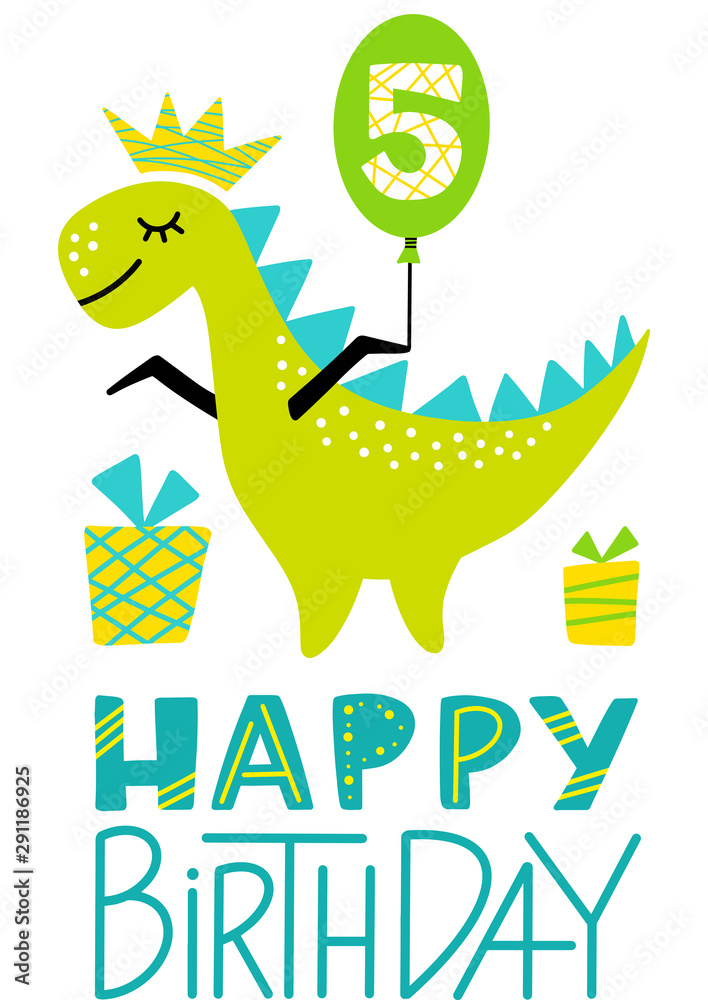 Cheerful green dinosaur wearing a crown, holding a "5" balloon, with gift boxes and "Happy Birthday" text.