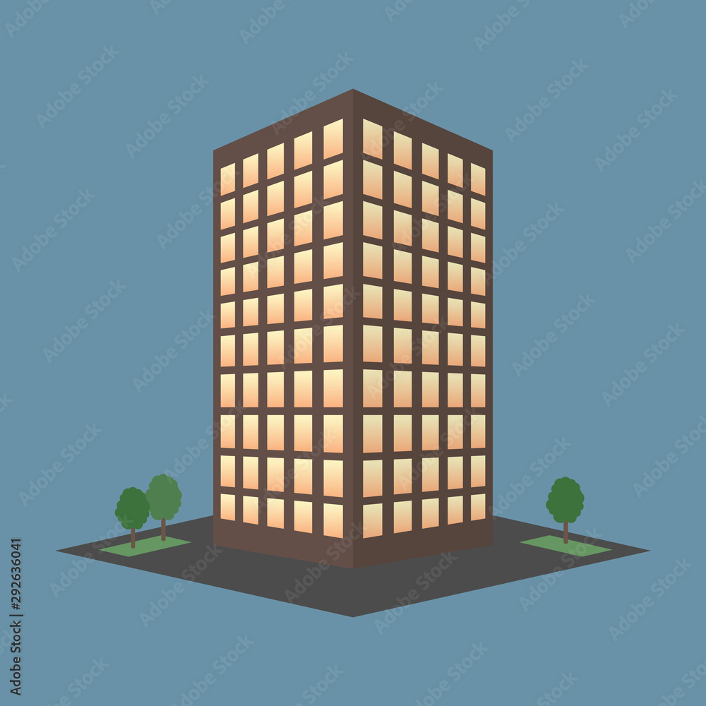Modern office building with illuminated windows at dusk, flanked by green trees on a city lot.
