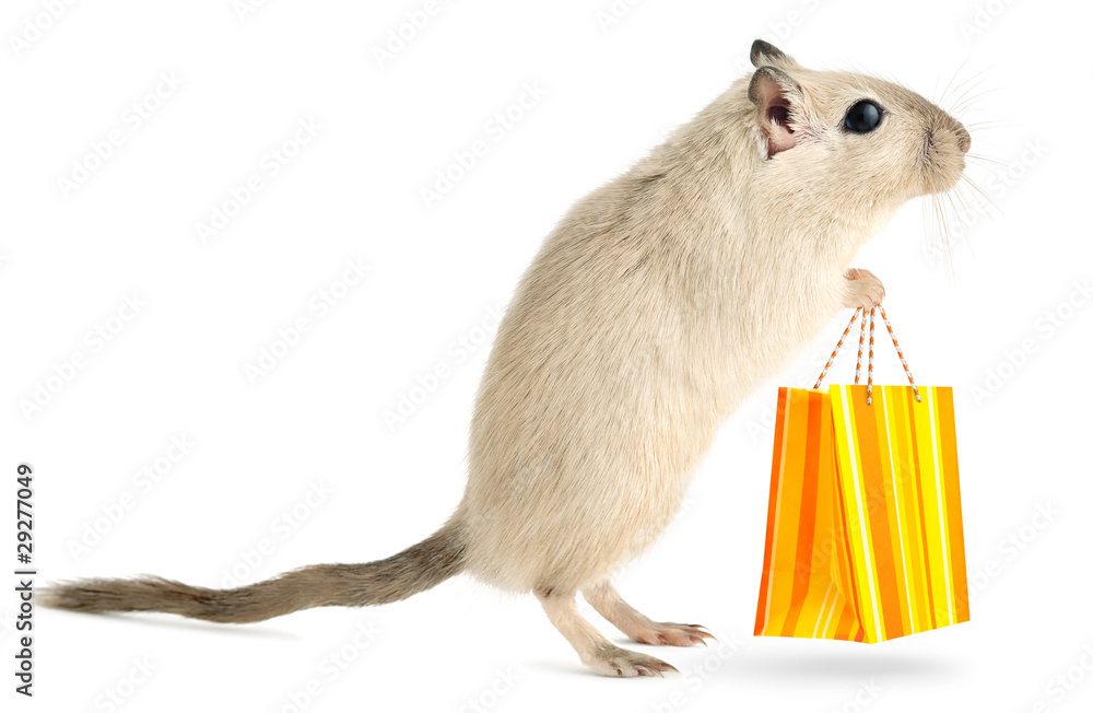 A gerbil standing upright holding a striped orange-yellow shopping bag against a white background.