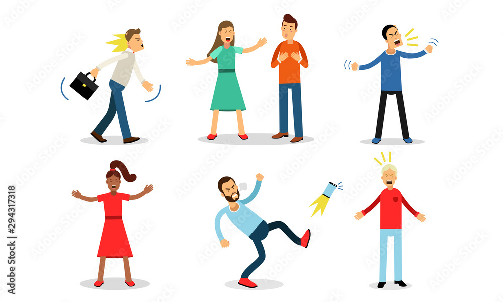Six cartoon characters displaying intense emotional reactions-anger, shock, frustration, and yelling-in flat vector style.