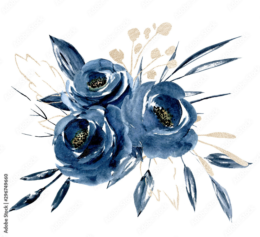 Watercolor bouquet of deep blue roses with gold accents and delicate foliage on white background.