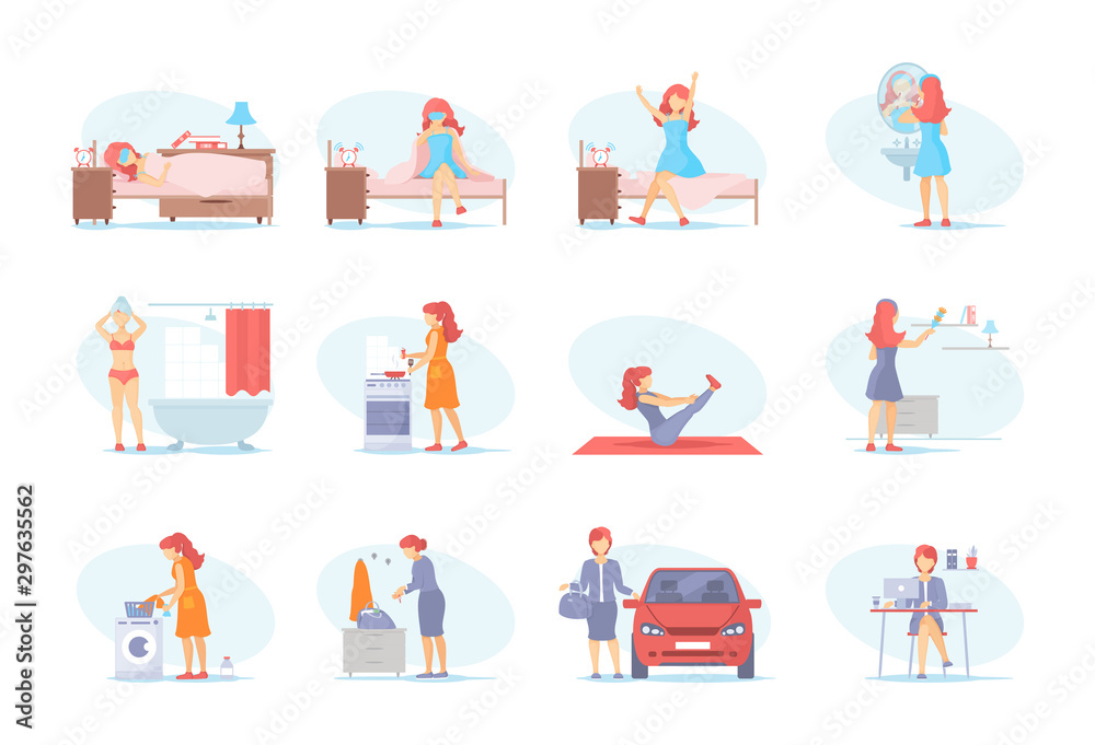 Illustration of a woman performing daily routines: waking up, grooming, cooking, exercising, working, and commuting.