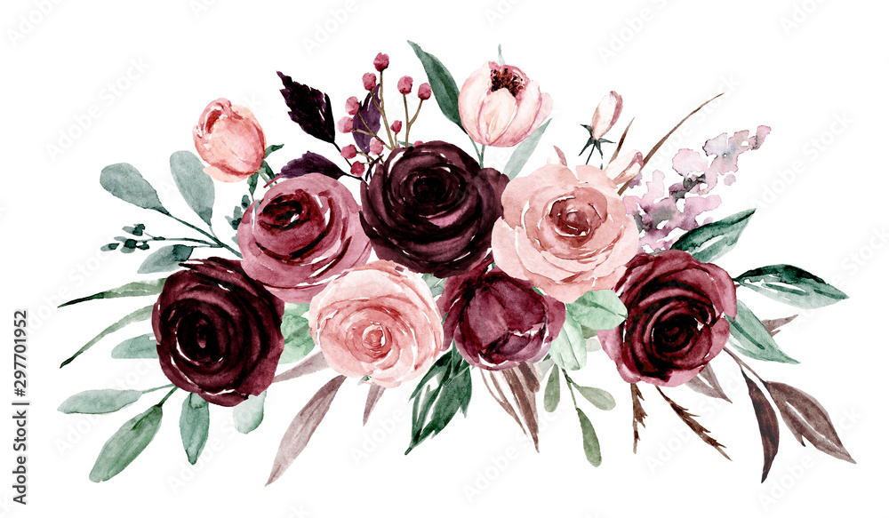 Watercolor floral bouquet with deep burgundy, blush pink roses, green leaves, and delicate filler blooms on white background.