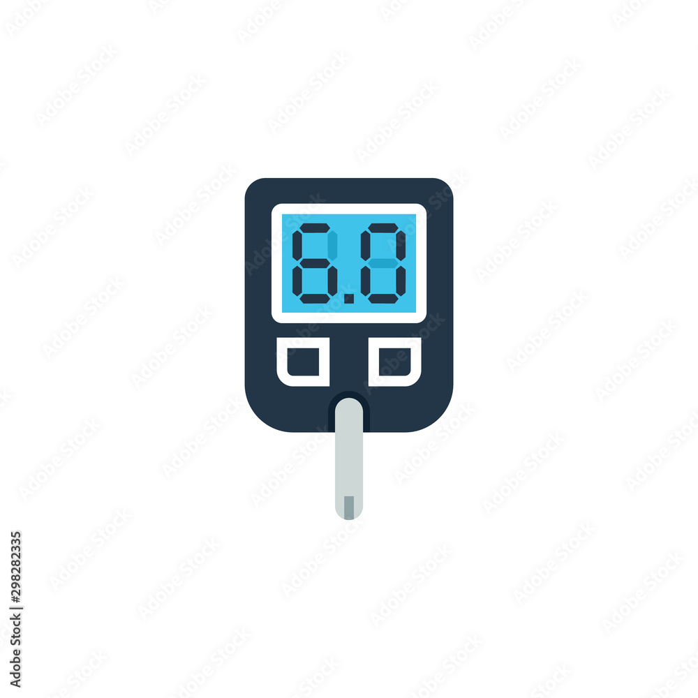 Digital glucose meter displaying reading "8.0" with test strip inserted, flat design icon on white background.