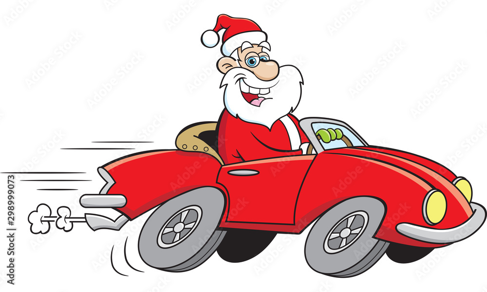 Santa Driving a Red Sports Car - Festive Cartoon Illustration