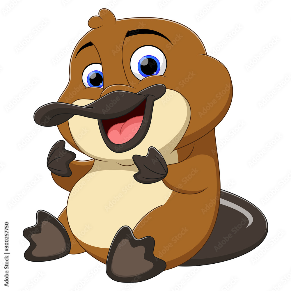 Cheerful cartoon platypus with big blue eyes, wide smile, and webbed feet sitting upright.