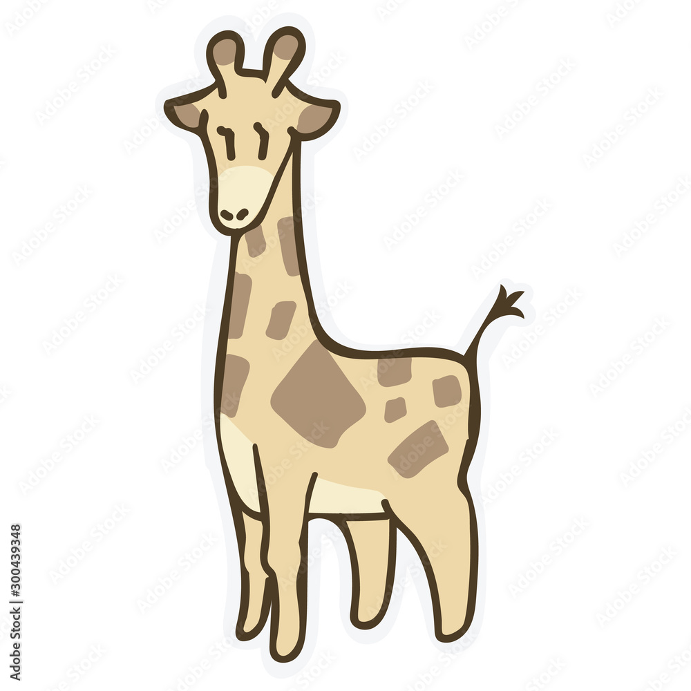 Cute cartoon giraffe with brown spots, smiling face, and playful pose on white background.