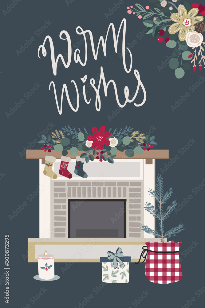 Cozy Christmas fireplace scene with stockings, gifts, candle, and floral garland; "Warm Wishes" script text above.