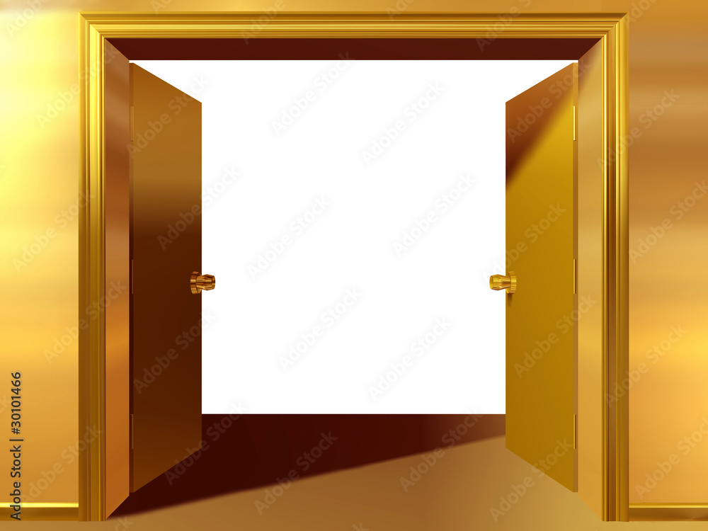 Golden double doors open wide to a bright white void, symbolizing opportunity, new beginnings, or transition.