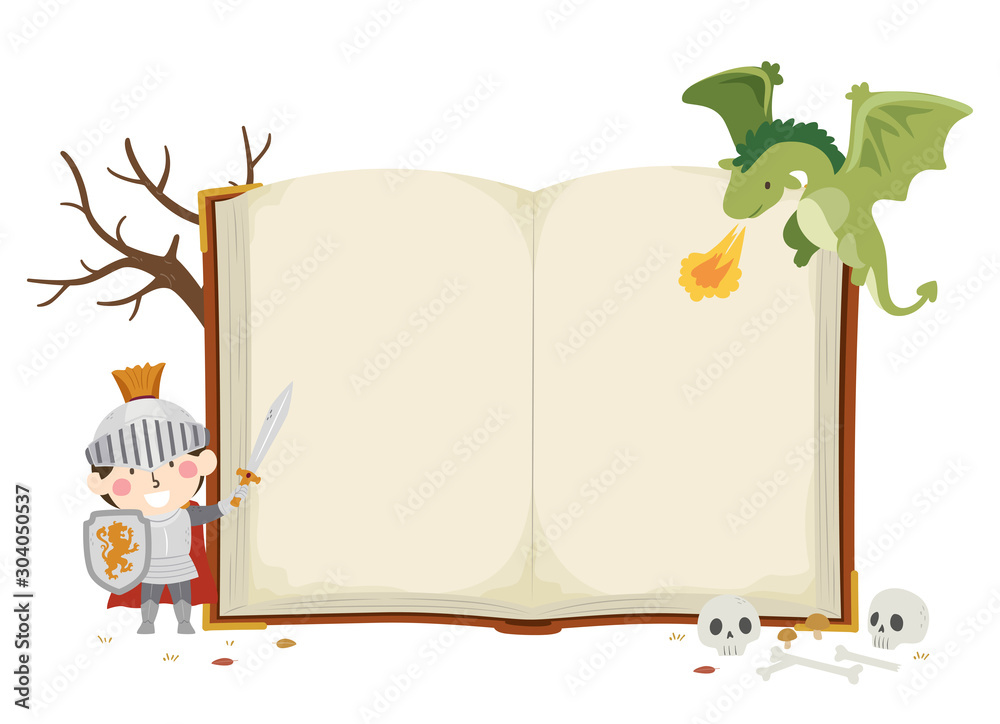 A cartoon knight stands beside an open storybook with a green dragon breathing fire, skulls, and bones nearby.