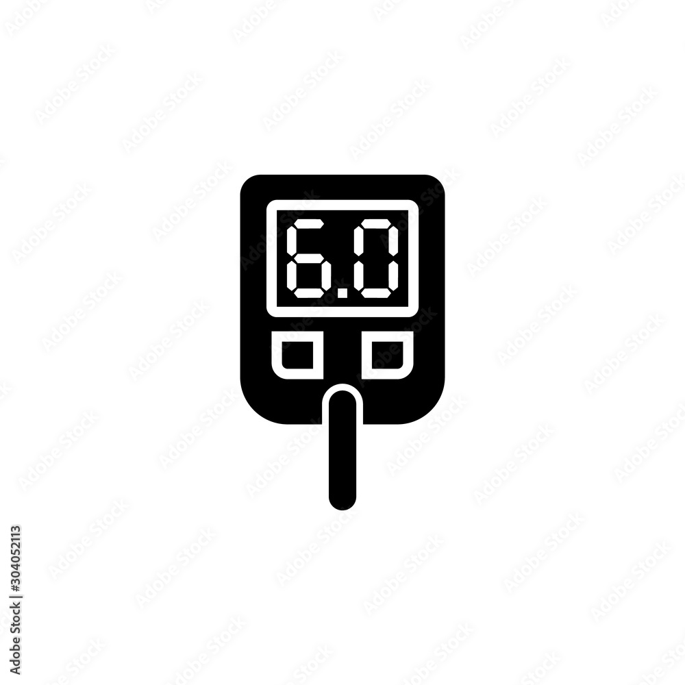 Black silhouette icon of a glucose meter displaying "6.0" on its digital screen, with test strip slot and cap.