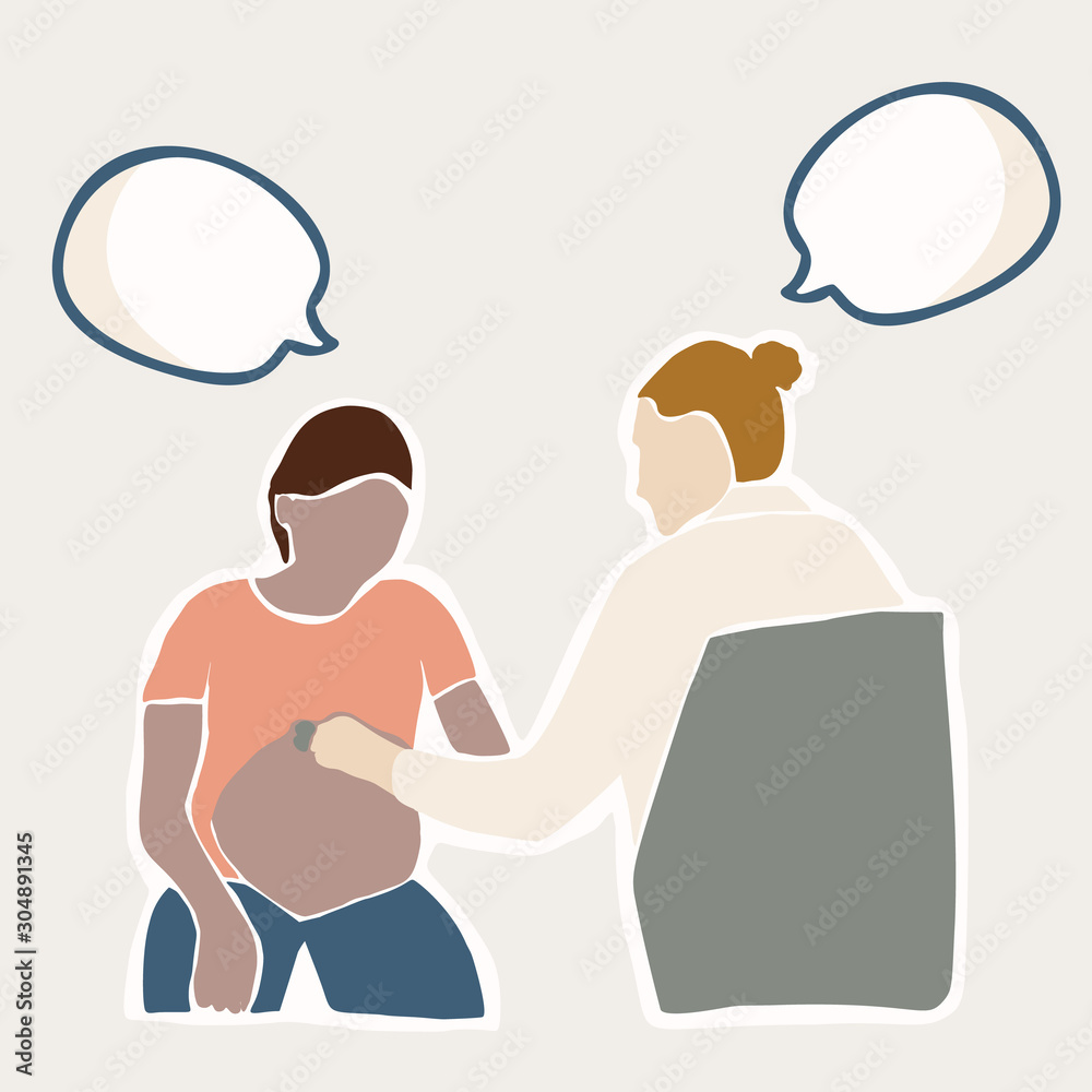A healthcare provider gently examines a pregnant person’s belly during a consultation, with speech bubbles indicating dialogue.