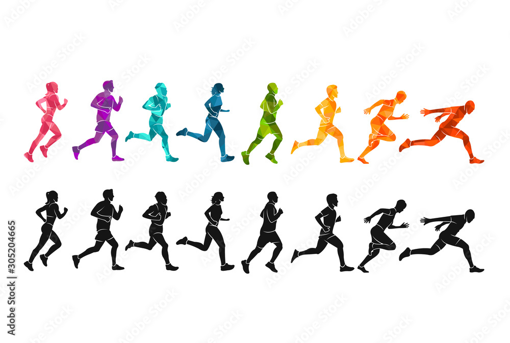 Running Silhouettes Vector Illustration - Colorful & Monochrome Athlete Sequence