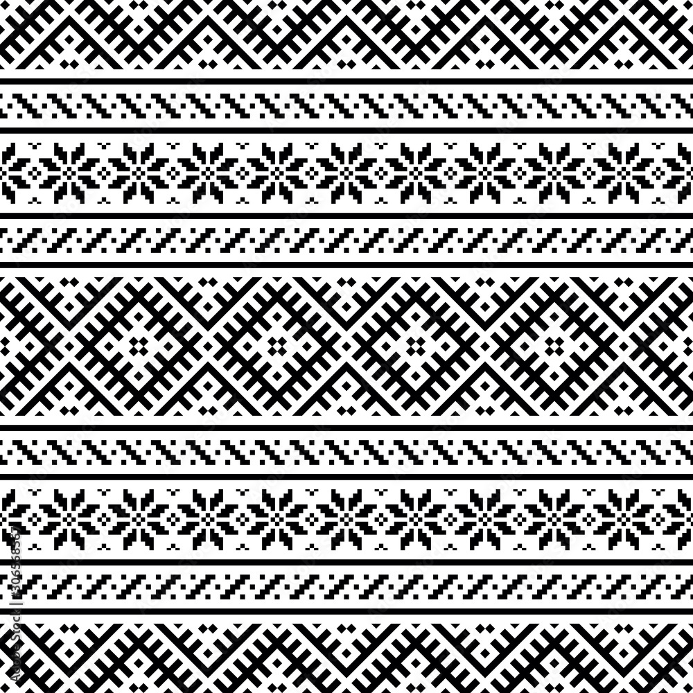 Black and white geometric tribal pattern with repeating snowflake, diamond, and zigzag motifs in horizontal bands.