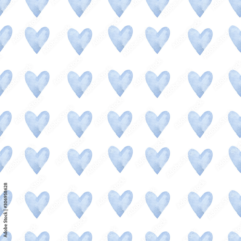 Watercolor blue hearts pattern on white background, soft and romantic design.