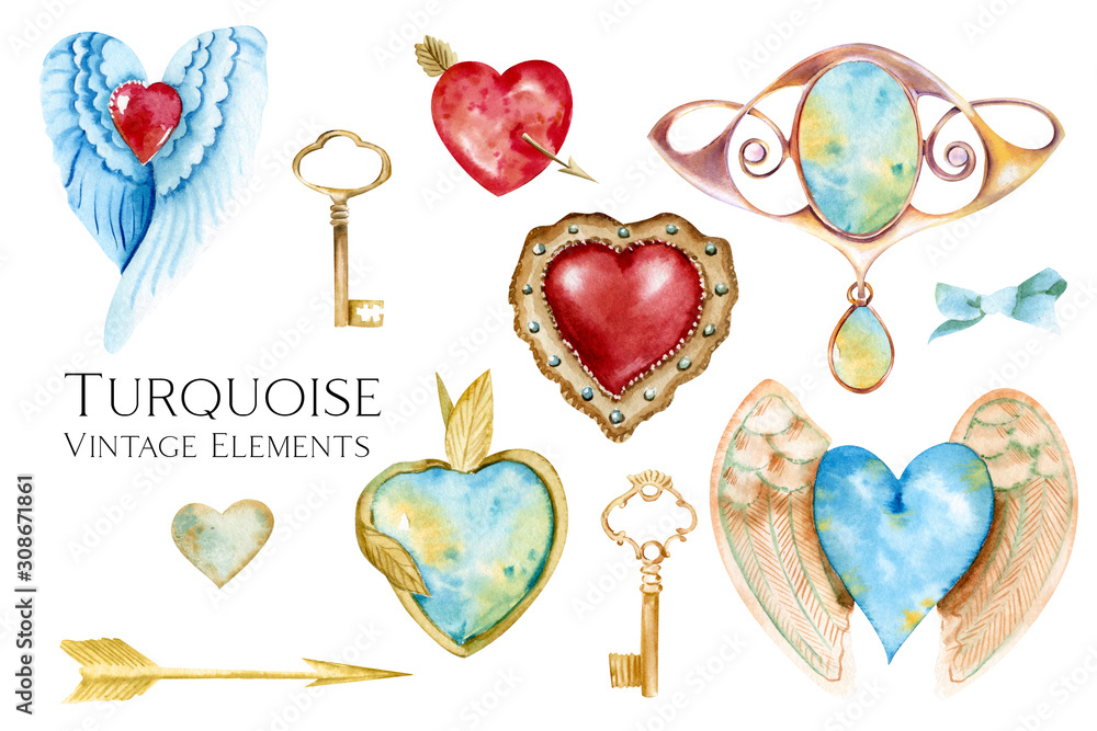 Turquoise Vintage Elements - Watercolor Clipart Collection