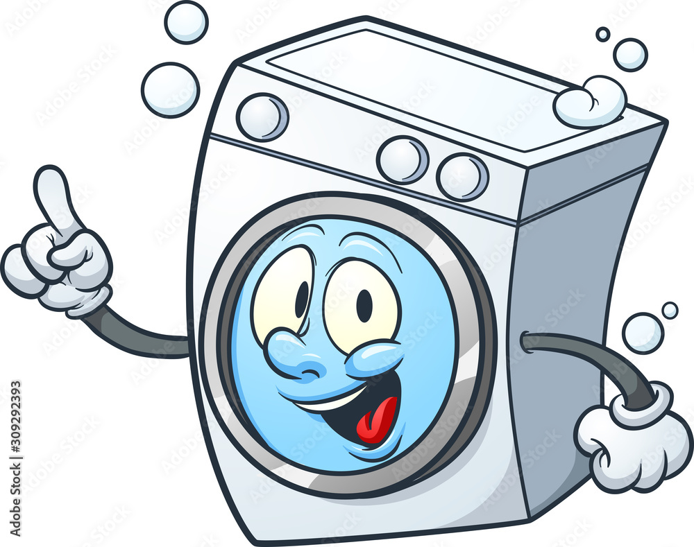 Cheerful cartoon washing machine with smiling face, arms, and soap bubbles, pointing upward.