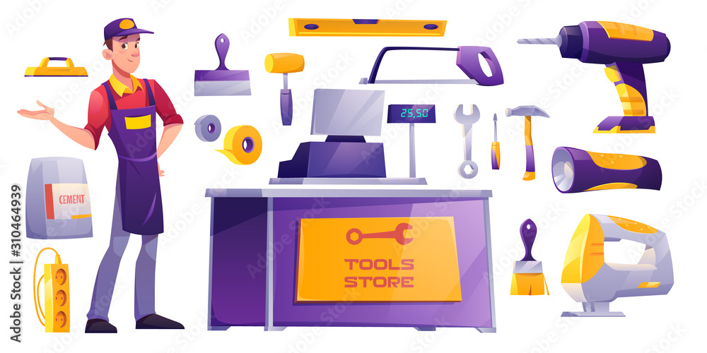 Cartoon handyman in apron standing beside tools and a "Tools Store" counter with drill, saw, hammer, cement bag, and other hardware items.
