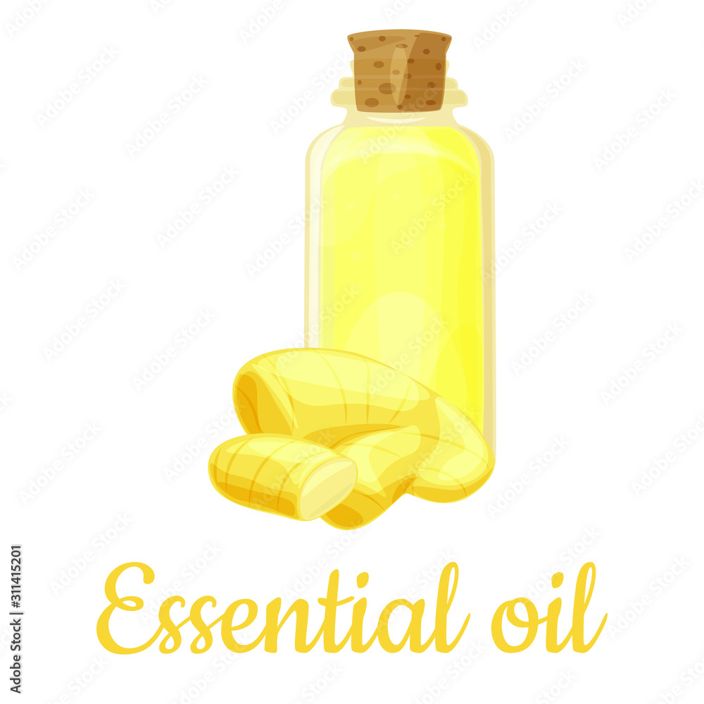 A glass bottle of yellow essential oil with a cork stopper, accompanied by fresh ginger root pieces and the text "Essential oil".