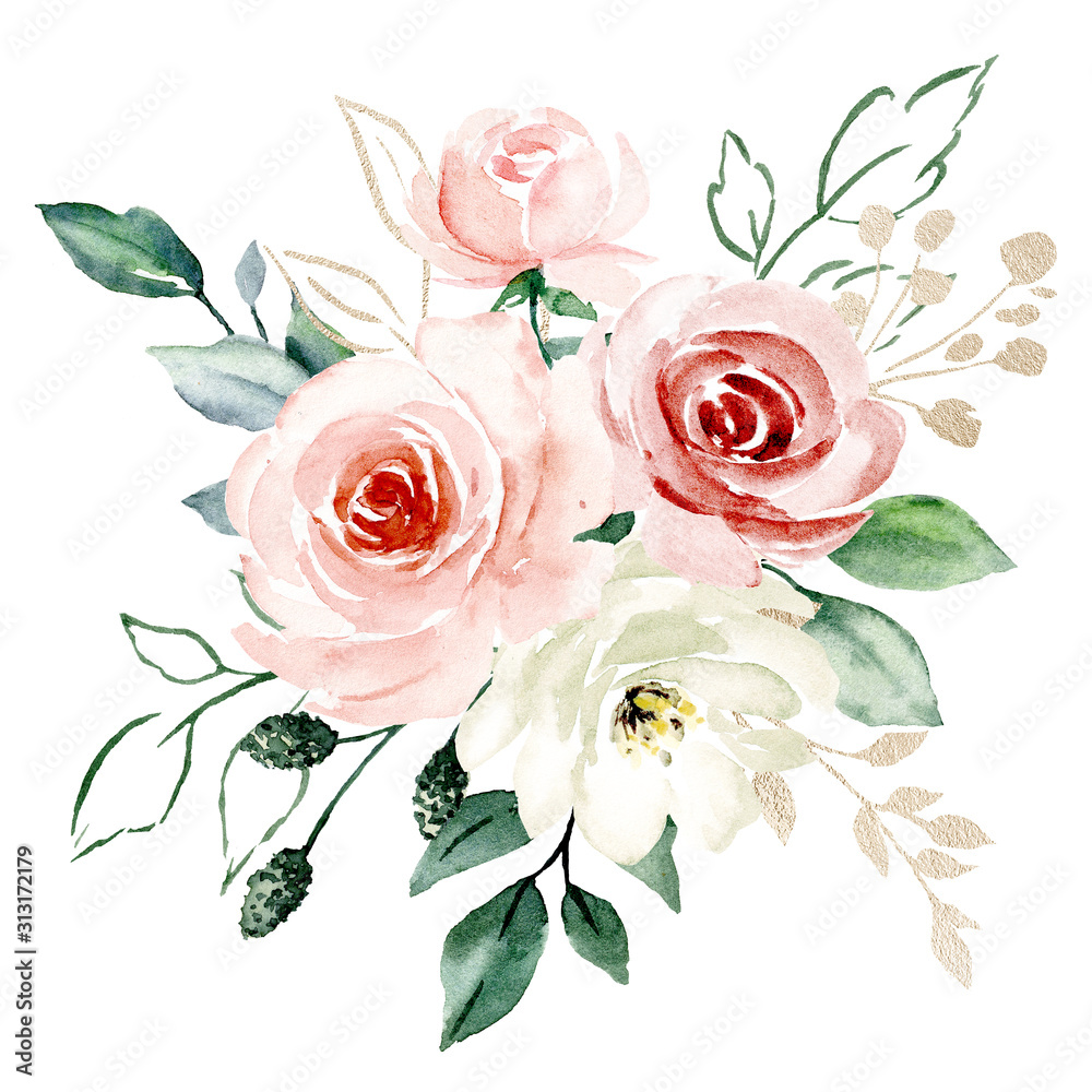 Pink flowers bouquet watercolor, floral clip art. Blush roses - Clip ...
