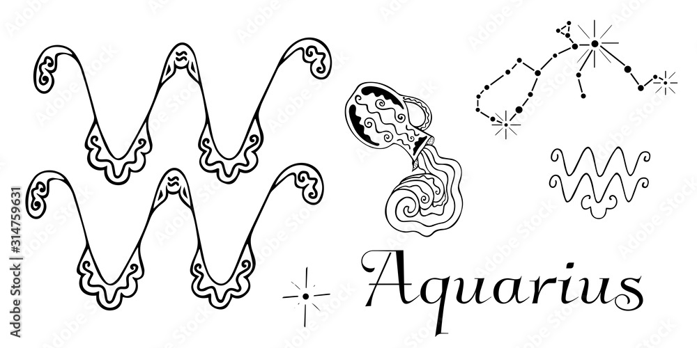 Decorative black-and-white illustrations of the Aquarius zodiac sign, including stylized glyphs, constellation, water bearer, and ornate wave motifs.