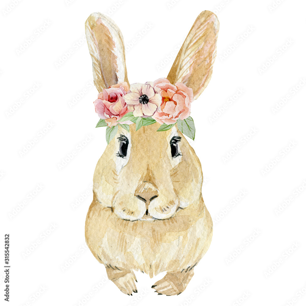 Watercolor illustration of a tan rabbit wearing a floral crown of pink and peach blossoms with green leaves.