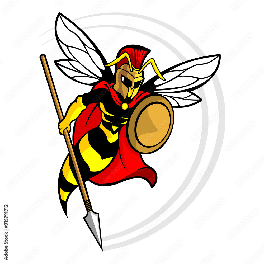A warrior wasp mascot in Spartan helmet and red cape, wielding spear and shield with dynamic motion lines.