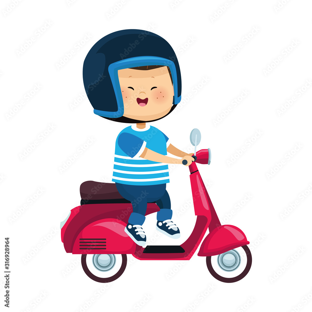Happy cartoon boy wearing a helmet and riding a red scooter.