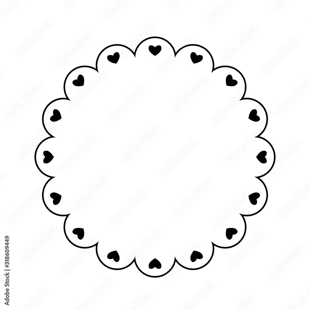 Black-and-white circular frame with scalloped edge and heart motifs, ideal for Valentine’s or romantic designs.