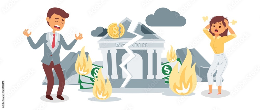 A man and a woman look distressed as a bank building crumbles and burns, with flames and falling coins symbolizing financial collapse.