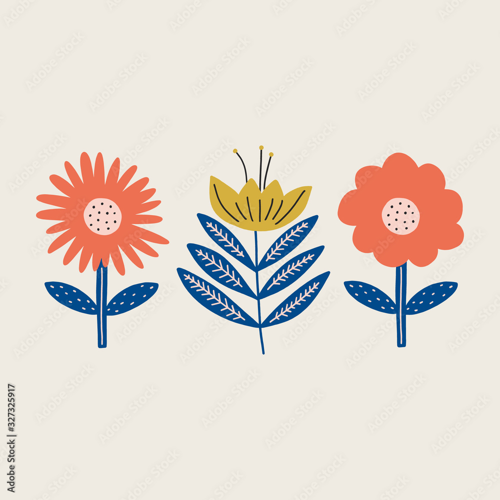 Three stylized flowers-orange daisy, yellow lily, and coral bloom-with blue dotted leaves on a cream background.