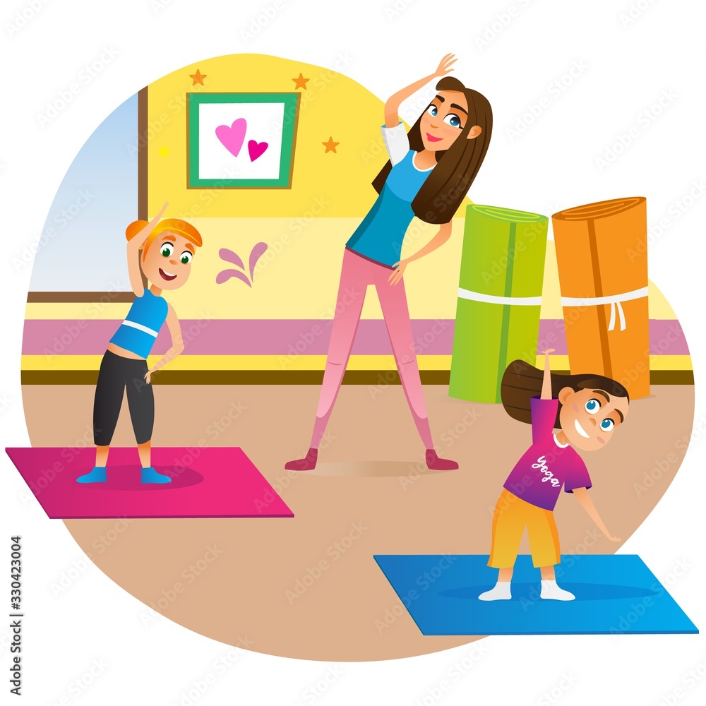 A smiling woman and two children doing yoga stretches on colorful mats in a bright studio with rolled mats and heart decor.