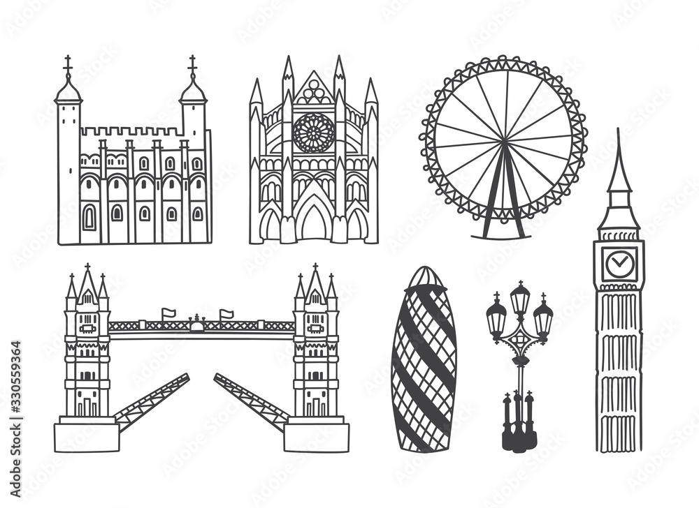 Hand-drawn line art icons of London landmarks including Tower Bridge, Big Ben, London Eye, Gherkin, St Paul’s, Tower of London, and vintage lamppost.