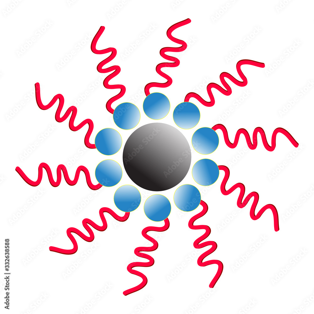 Central gray sphere surrounded by blue orbs and red wavy lines, symbolizing atomic or quantum interactions.