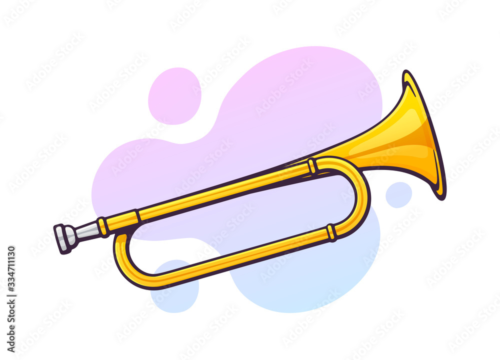 Golden trumpet illustration with purple and blue abstract background, cartoon-style vector graphic.