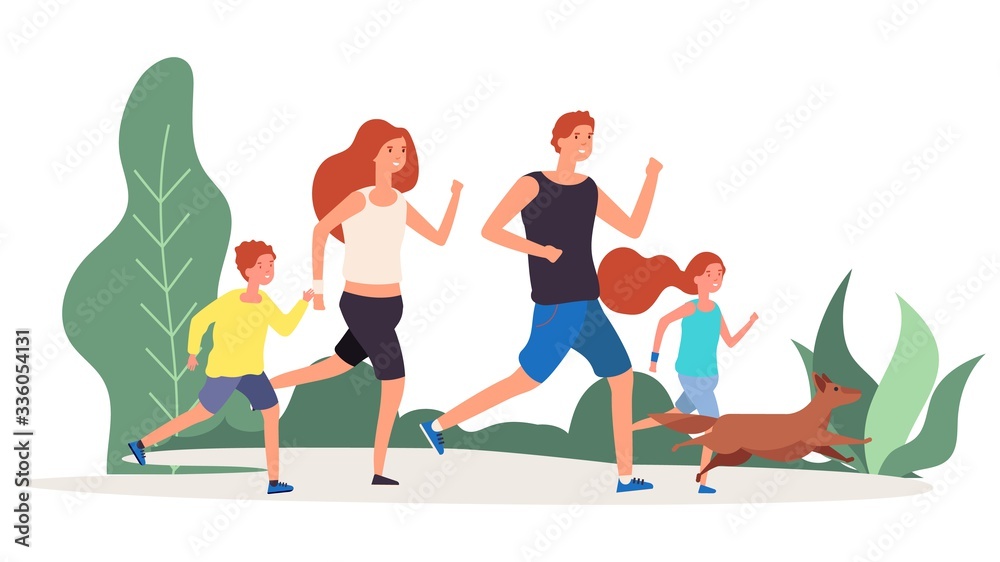 A happy family of four jogging outdoors with their dog through a green park setting.