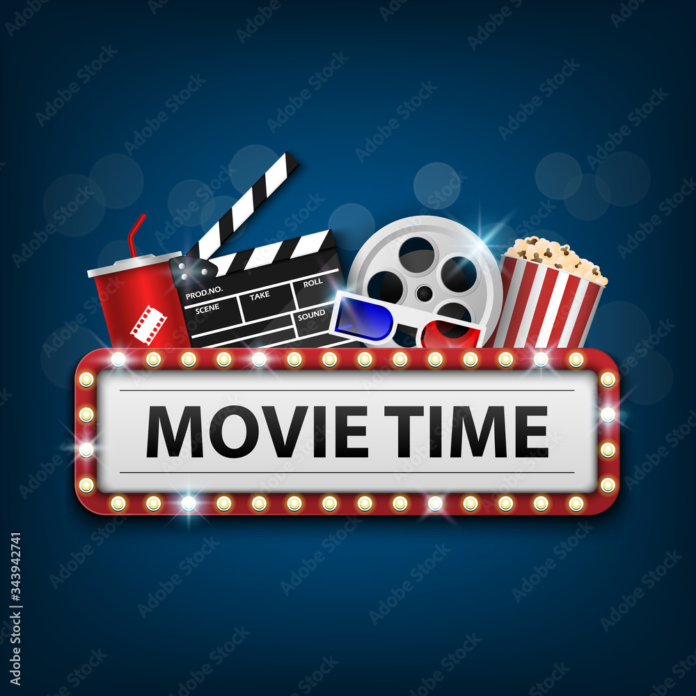 Cinema And Movie Time With Film Reel, Popcorn, Paper Cup, 3d - Clip Art 