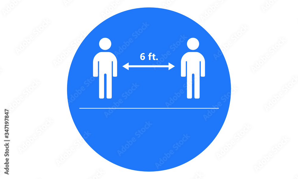 Blue circular sign showing two white figures 6 feet apart with a double arrow and text "6 ft." indicating social distancing.