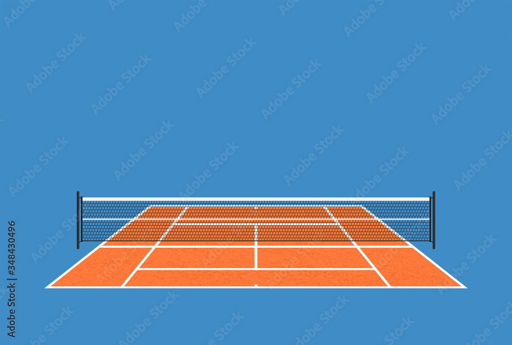Orange clay tennis court with net against blue background, viewed from baseline.