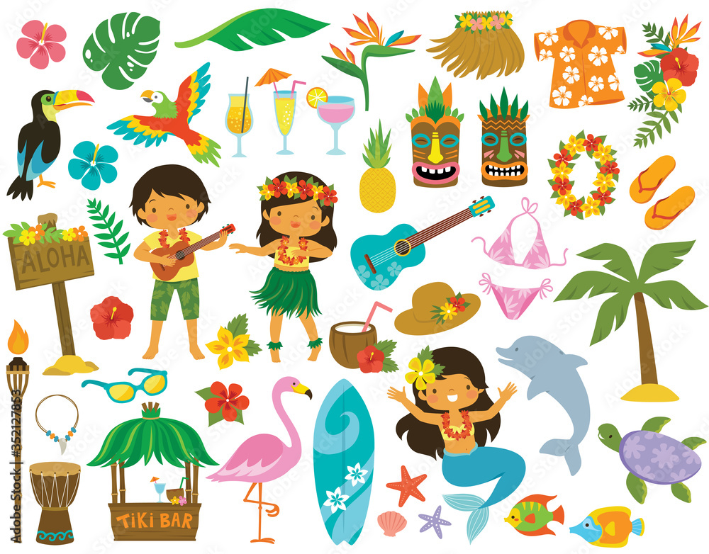 Tropical Hawaiian-themed clipart set with hula dancers, tiki masks, palm trees, flamingo, surfboard, and island accessories.