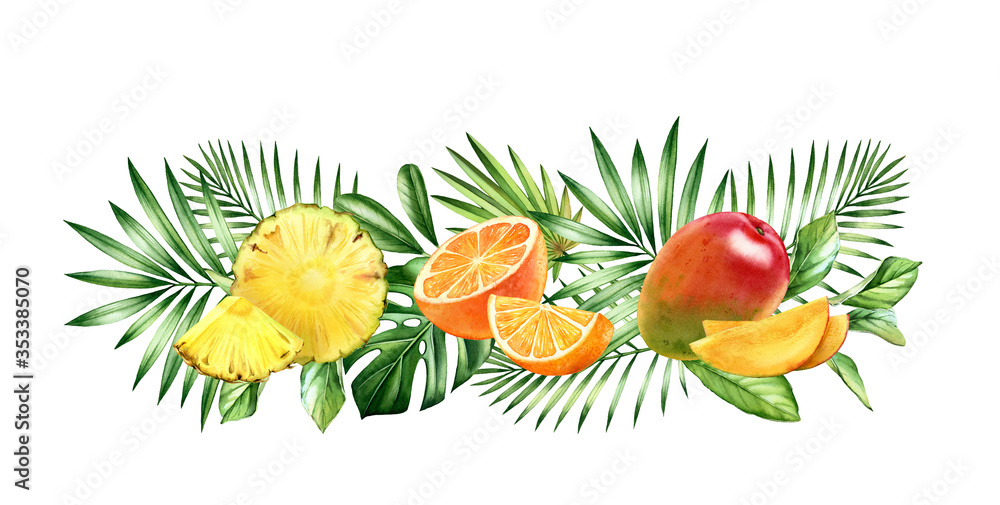 Watercolor illustration of tropical fruits-pineapple, orange, mango-and palm leaves on white background.