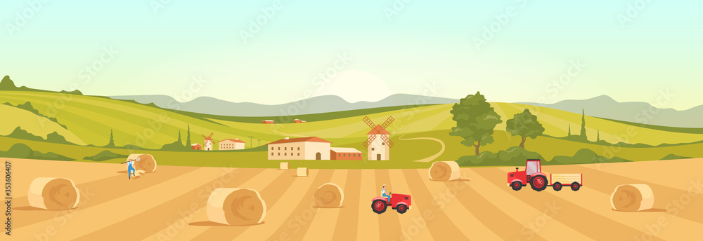 Rural farm scene with tractors, hay bales, windmill, and rolling green hills under a soft sky.