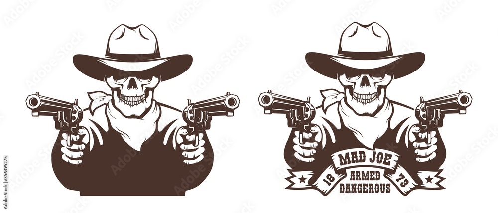 Two vintage-style cowboy skull illustrations with revolvers, one labeled "Mad Joe Armed Dangerous 1873".