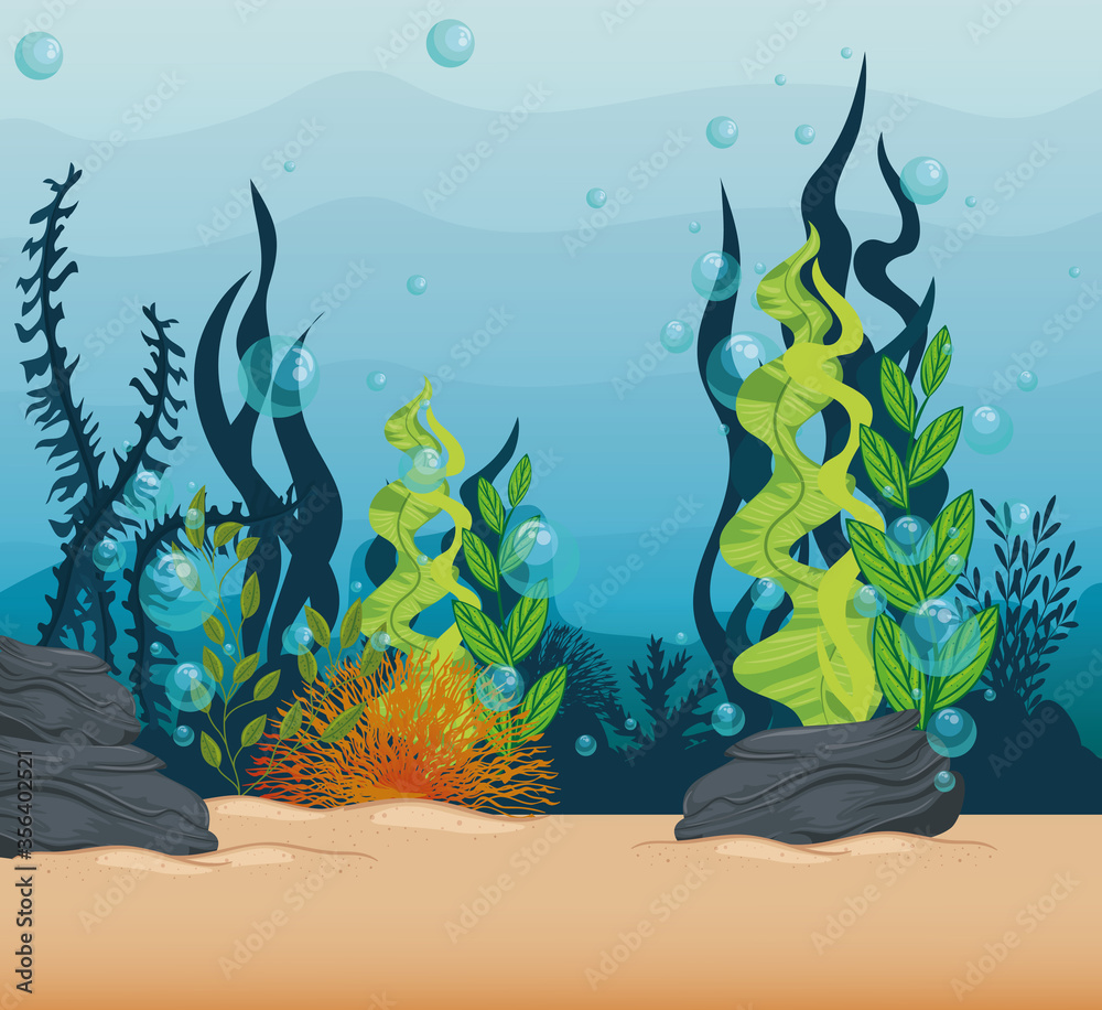 Vibrant underwater scene with green and orange seaweed, dark kelp, bubbles, and sandy ocean floor.