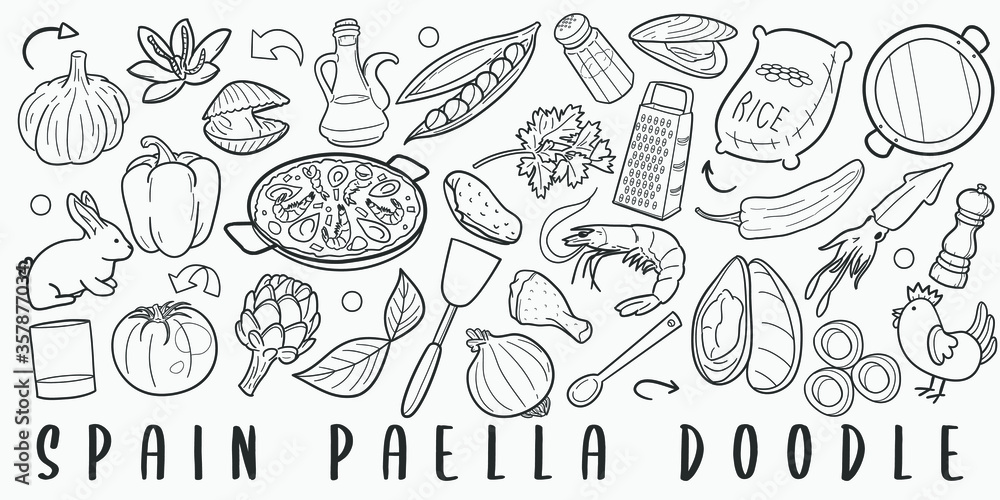 Hand-drawn doodle illustration of Spanish paella ingredients and tools including seafood, vegetables, rice, and cooking utensils.