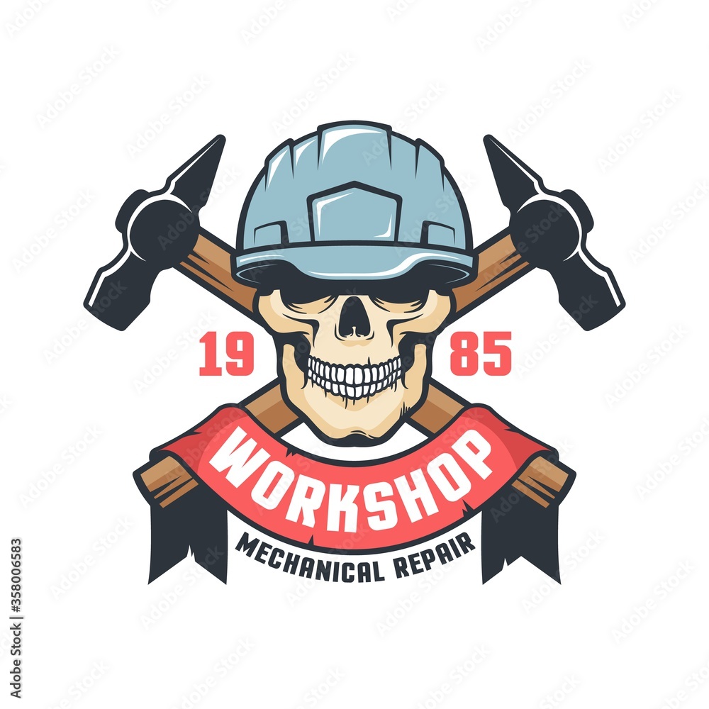 Worker skull in helmet vintage logo. Industrial Mechanical - Clip Art ...