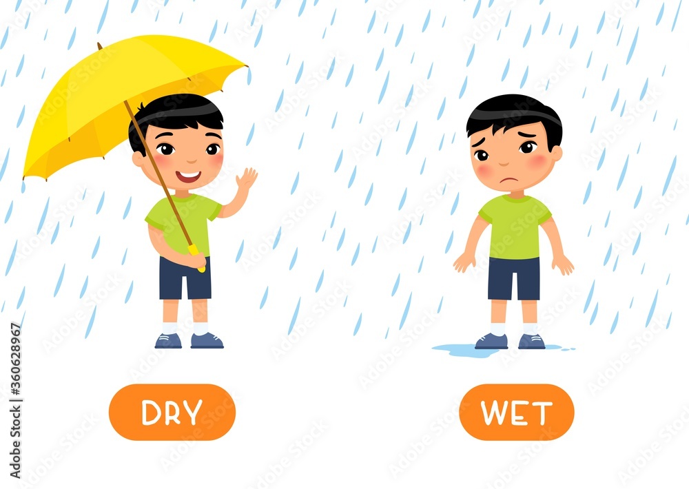 Two boys in rain: one dry under yellow umbrella smiling, one wet and sad without; labeled "DRY" and "WET".