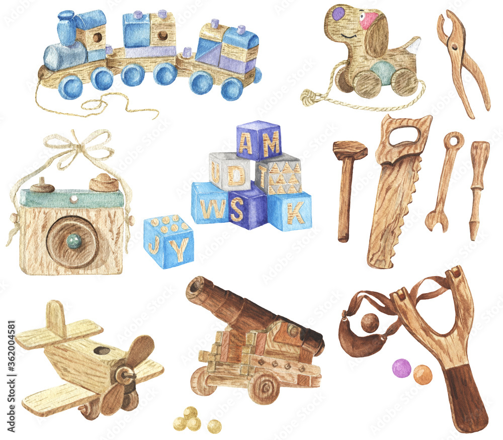 Watercolor illustration of vintage wooden toys including train, blocks, plane, cannon, slingshot, camera, dog pull-toy, and tools.