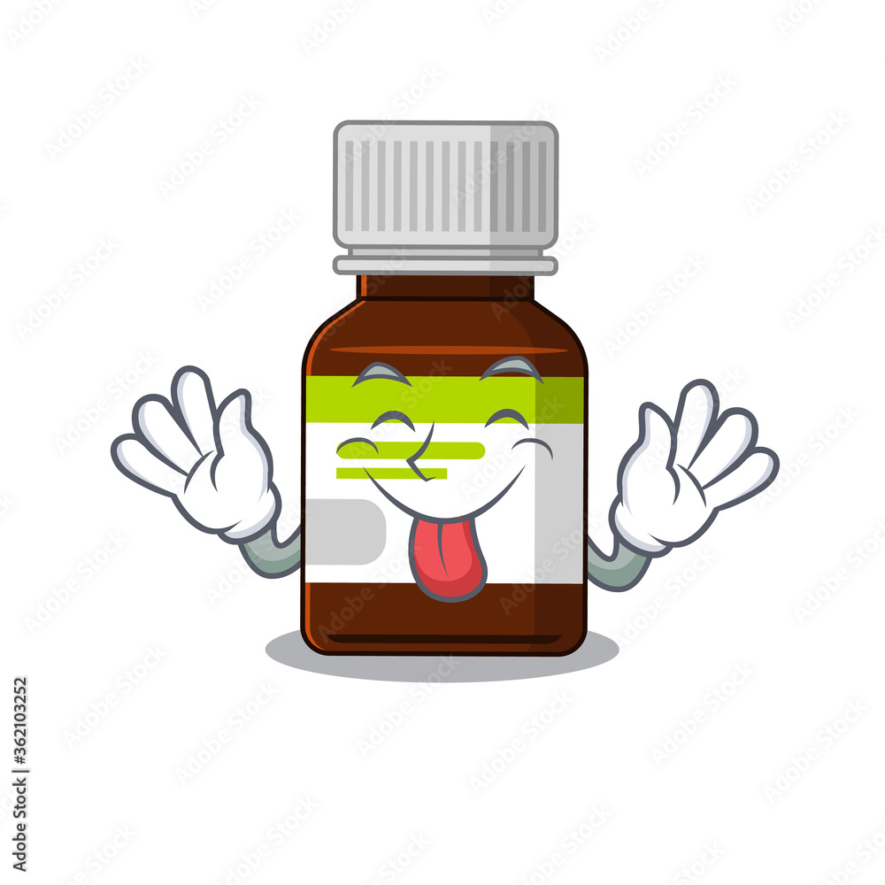 Cheerful cartoon medicine bottle with smiling face, tongue out, and waving hands.
