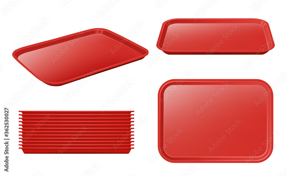Red plastic cafeteria trays in various orientations-single, stacked, and flat views-on white background.